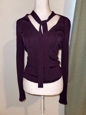 INTERMIX Ribbed Knit Tie Neck Top Plum Purple Size P Petite